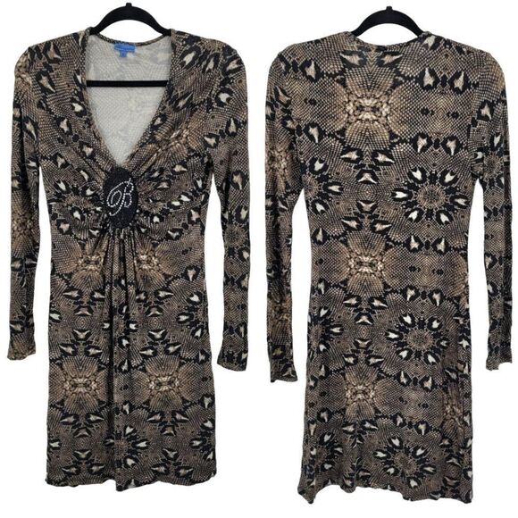 Vintage 90s Bluemarine Bodycon Dress M Brown Plunging V Logo Ruched Snake Italy - Picture 1 of 10